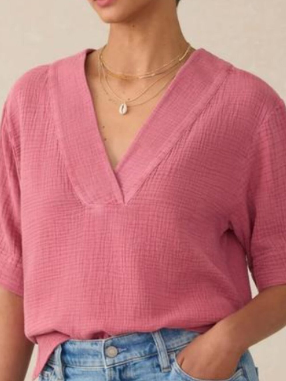 Faherty Pink V-Neck Gauze Cotton Top